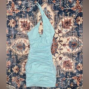 NWT Oh Polly Aqua Blue Bodycon Ruched Mini Rhinestone Cross Strap Dress